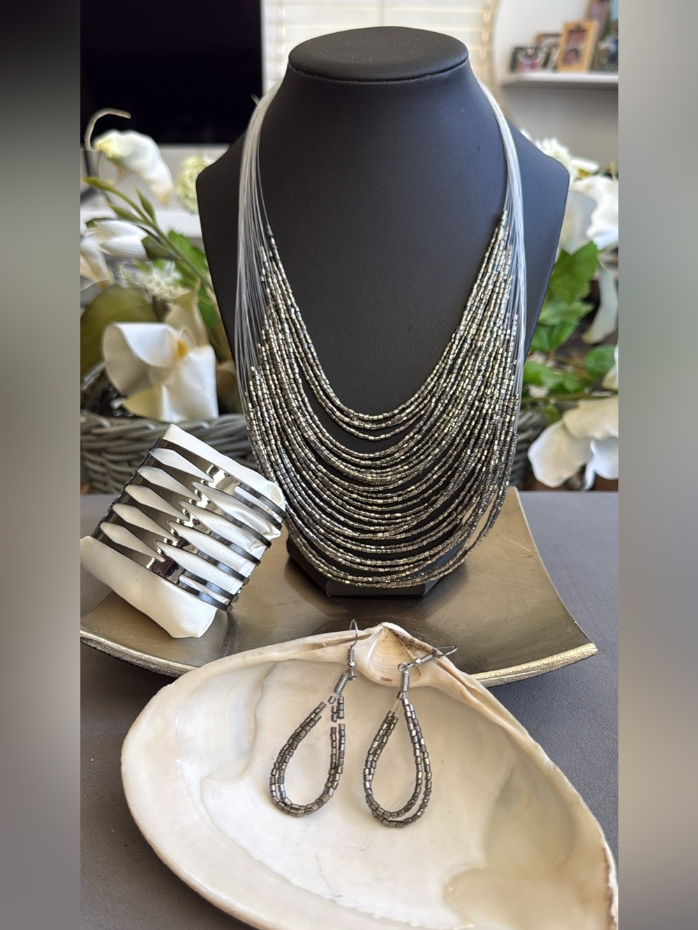 Stunning Multi-Strand Gray Sead Beaded Necklace Earring Cuff Set - Lightweight